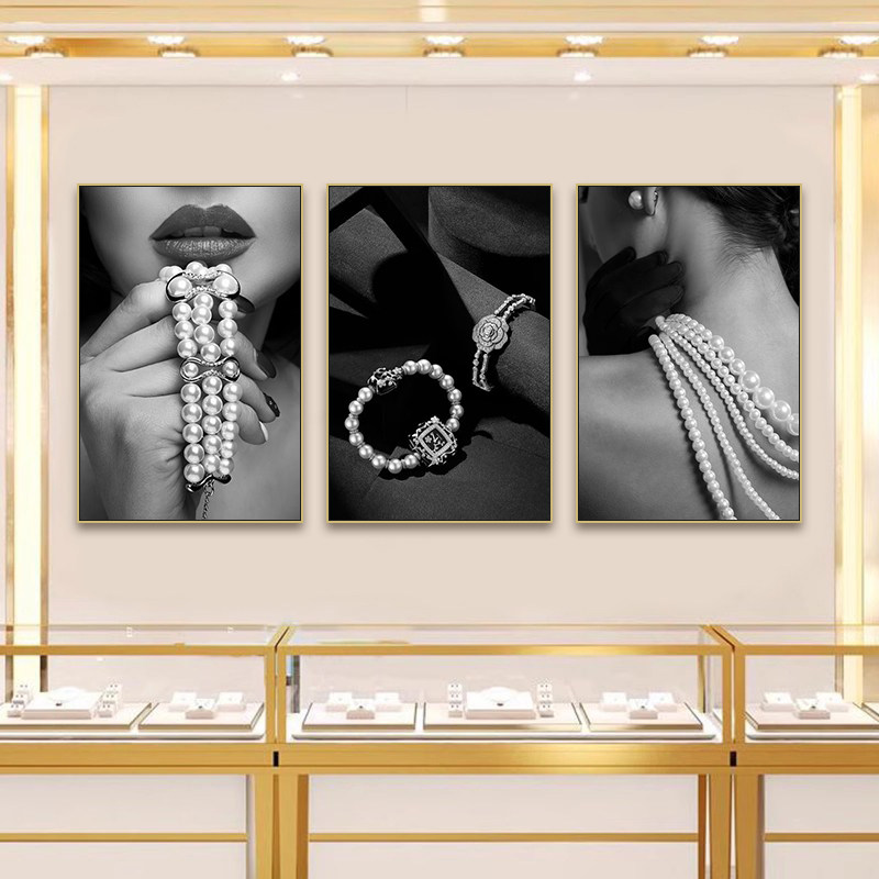 珍珠装饰画珠宝首饰店黑白轻奢高级感挂画奢侈品专柜店项链壁画