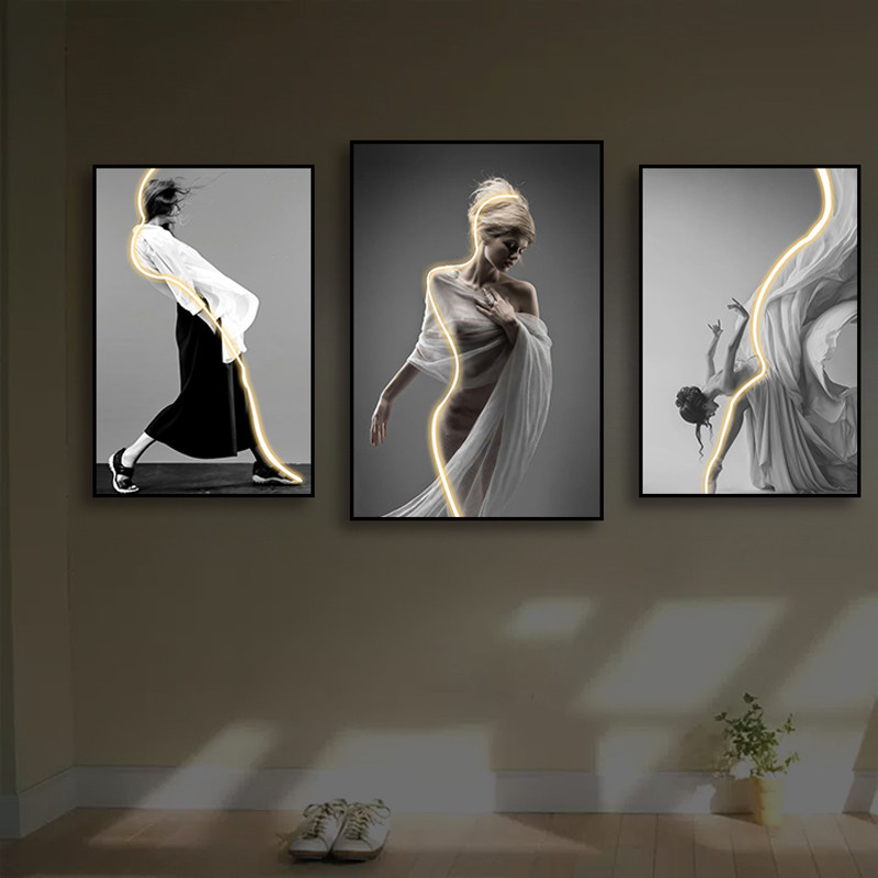 瑜伽馆局部发光装饰画瑜伽轻奢女人led灯挂画走廊玄关高级感壁画