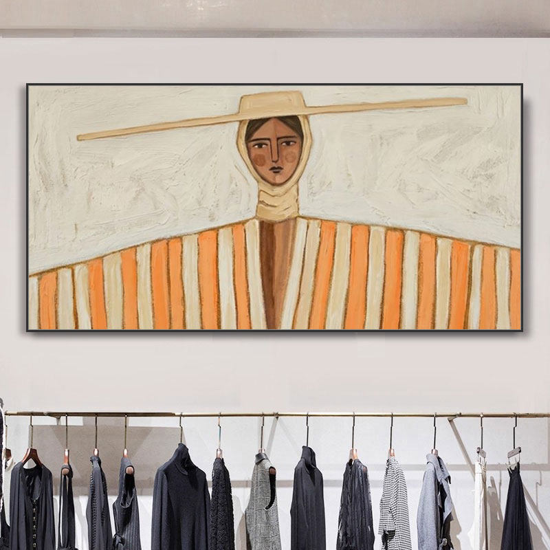 美拉德戴帽子的女人油画抽象豹纹条纹挂画衣帽间洗衣服装店装饰画