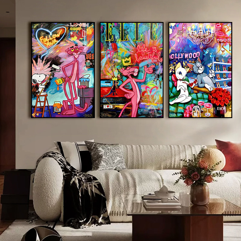 涂鸦米奇粉红豹挂画卡通动漫猫和老鼠壁画儿童房卧室潮流墙面挂画