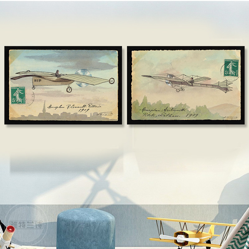 飞机装饰画飞行器法式欧式餐厅挂画儿童房卧室酒吧复古怀旧壁画
