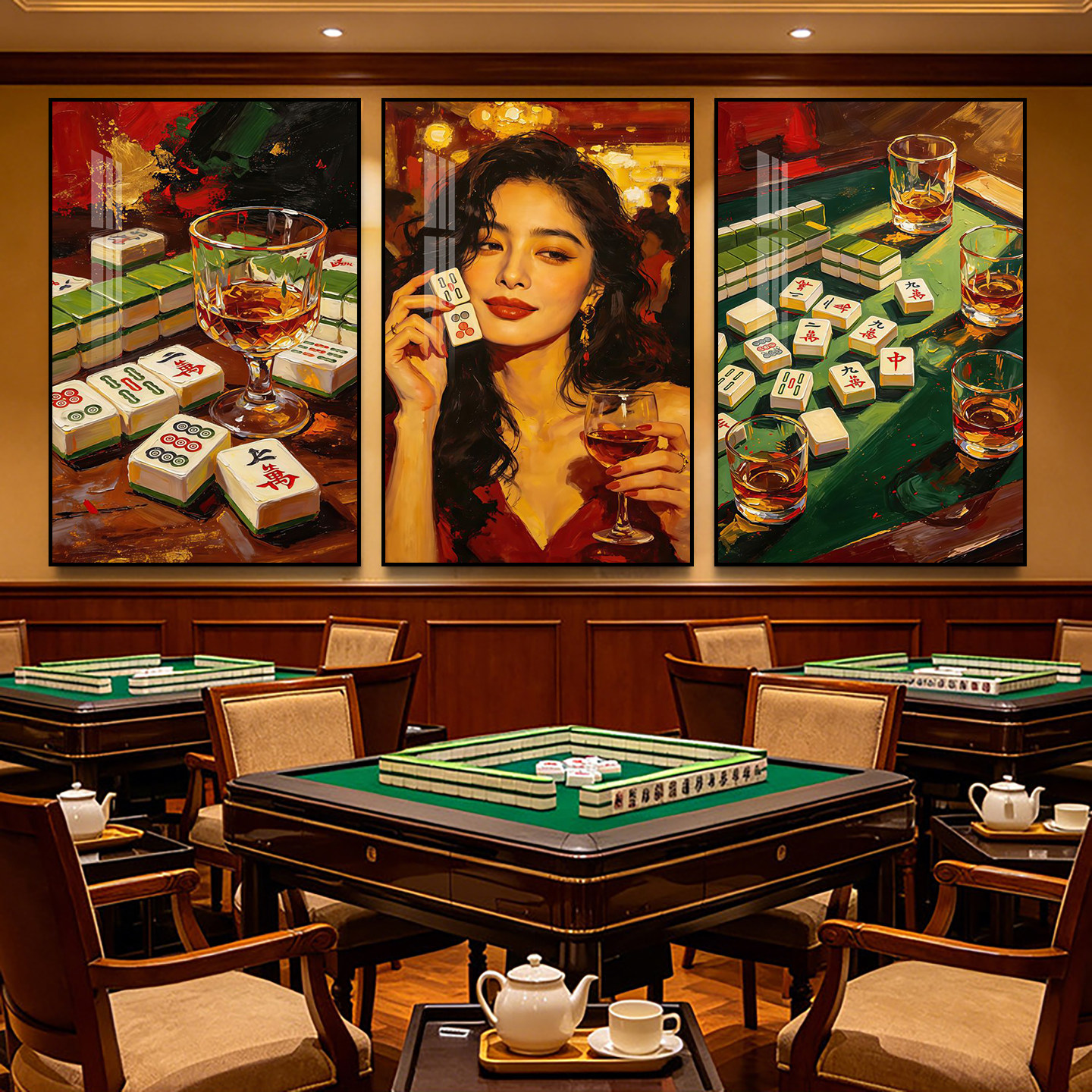 棋牌室麻将馆装饰画赌场娱乐会所清吧酒馆威士忌挂画港风美女壁画