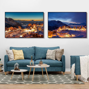 万家灯火装饰画客厅北欧风唯美童话雪景小镇挂画阿尔卑斯山壁画