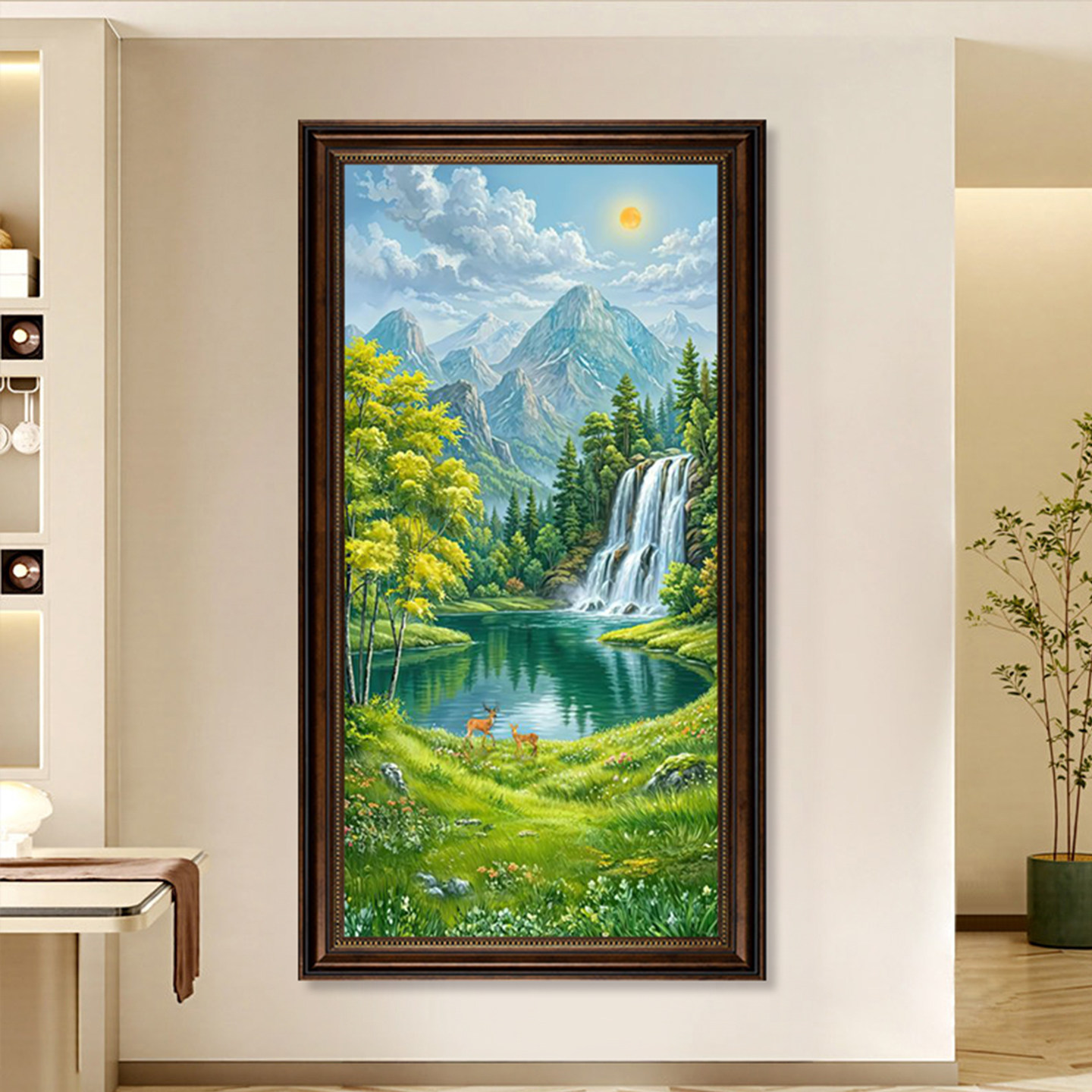 竖版复古油画入户玄关走廊过道金山聚宝盆山水风景油画装饰画