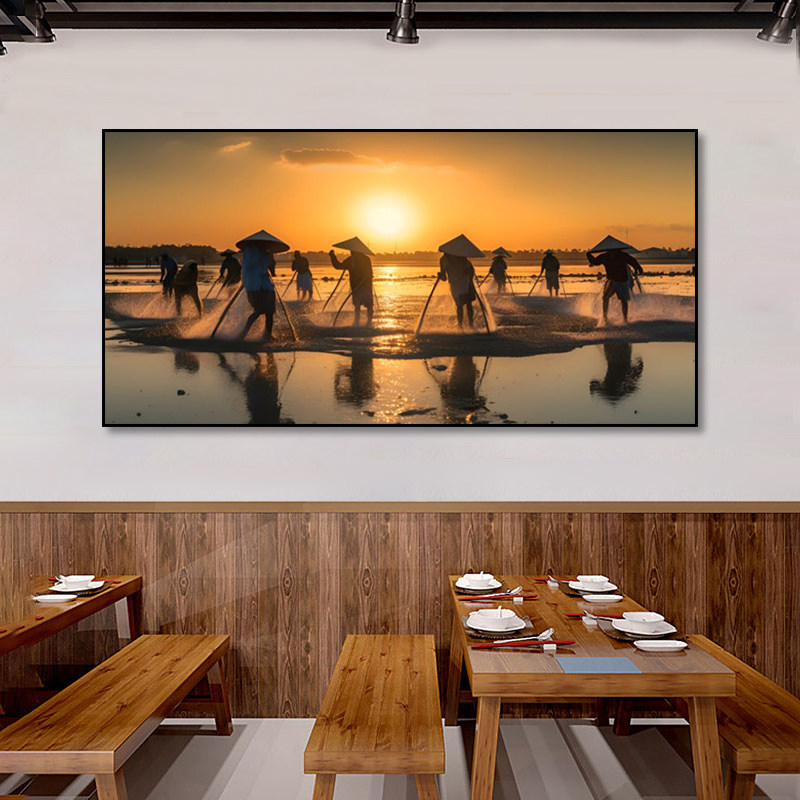 渔民捕鱼挂画农家乐饭店餐厅日落黄昏风景装饰画渔夫抛网劳作壁画