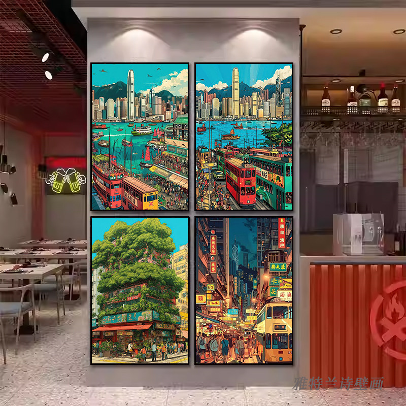 香港街景装饰画港式茶餐厅挂画糖水铺酒楼酒店民宿建筑老街道壁画