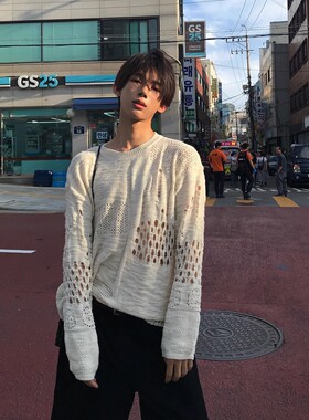 美式复古破洞高级氛围感小众韩版圆领针织衫男春秋薄款毛衣外套潮