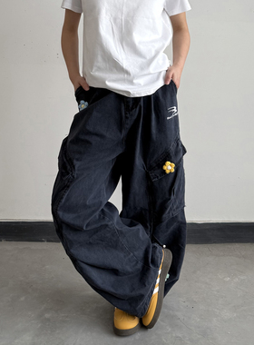 美式复古花灰刺绣工装裤街舞裤男女高街宽松休闲爵士舞拖地裤潮牌