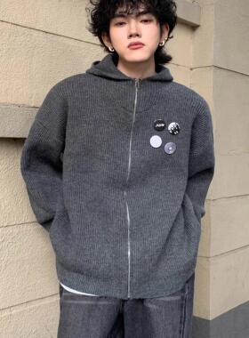 美式cleanfit街头灰色连帽毛衣宽松秋冬慵懒风拉链开衫针织外套男