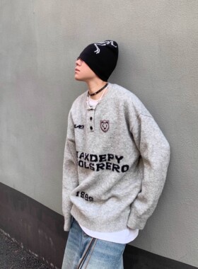 秋季美式复古V领字母提花灰色毛衣男女慵懒风情侣加厚针织衫外套