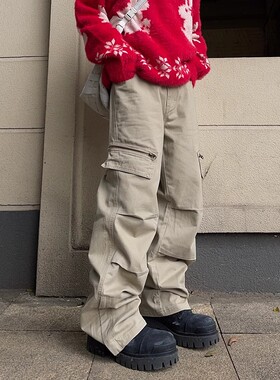 美式复古多口袋拉链工装裤男女高街潮牌cleanfit宽松直筒休闲长裤