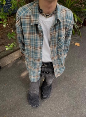 美式复古毛边蓝色格子衬衫男街头高级感春秋潮牌宽松休闲格纹衬衣