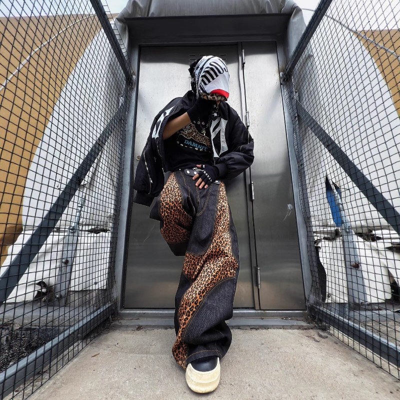 美式复古原牛十字架拼接牛仔裤