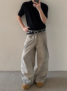 美式重工水洗白色脏染解构弯刀牛仔裤男春秋潮牌高街阔腿休闲长裤