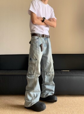 美式复古多口袋浅蓝色牛仔裤男高街vibe嘻哈堆叠设计直筒宽松长裤