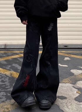 美式复古小众刺绣拼接重磅牛仔裤男女亚比做旧微喇拖地阔腿长裤子