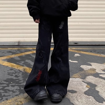 美式复古小众刺绣拼接重磅牛仔裤