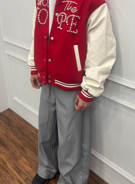 美式拼接撞色钉珠皮袖棒球服男春秋高街潮牌宽松百搭休闲夹克外套