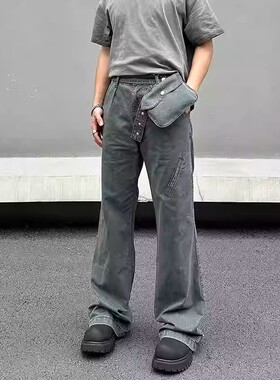 美式复古水洗工装口袋灰色牛仔裤男高街cleanfit宽松直筒微喇长裤