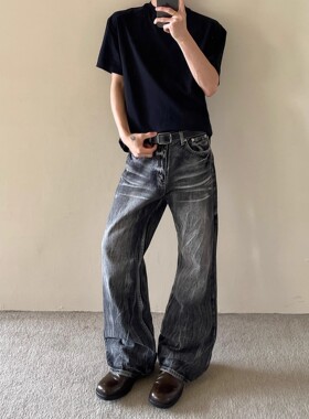 美式cleanfit高级闪电纹水洗直筒微喇叭牛仔裤男高街头黑色长裤子