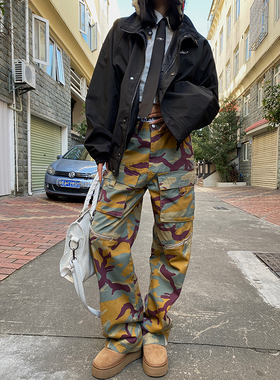 欧美vibe风多口袋拉链迷彩工装裤男女高街嘻哈宽松休闲直筒长裤子