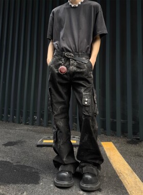 美式复古重磅扎染多口袋牛仔裤男高街dirtyfit微喇叭休闲直筒工装