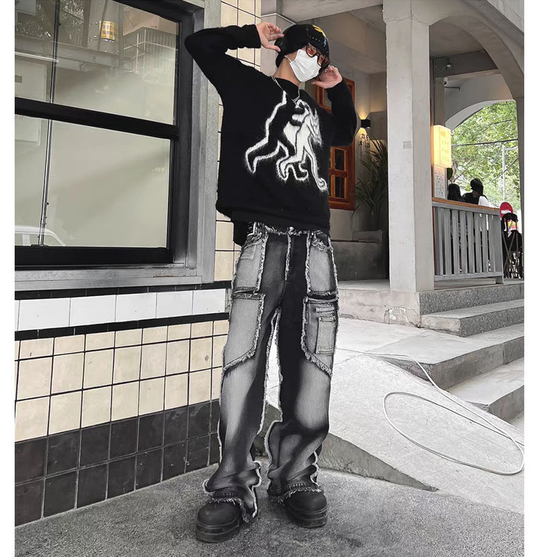 美式vibe复古多口袋做旧牛仔裤男