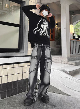 美式vibe复古多口袋做旧牛仔裤男女高街嘻哈洗水毛边直筒拼接长裤