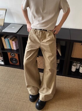 美式复古卡其色水洗工装风牛仔裤男女夏季潮流百搭复古街头长裤子