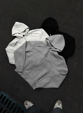 美式解构boxy廓形纯色连帽卫衣男女秋冬季休闲cleanfit短宽外套超