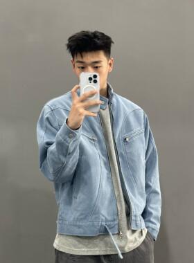 美式复古cleanfit拼接立领短款夹克男秋季街头嘻哈水洗小马丁外套