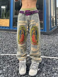 男高街vibe嘻哈小众直筒休闲修身 长裤 复古重磅破洞刺绣牛仔裤 美式