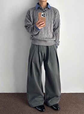 秋季复古绞花假两件拼接灰色毛衣男女街头老钱风POLO领条纹针织衫