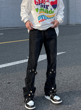 欧美高街vibe绑带小众设计牛仔裤男女秋季美式嘻哈复古宽松直筒裤