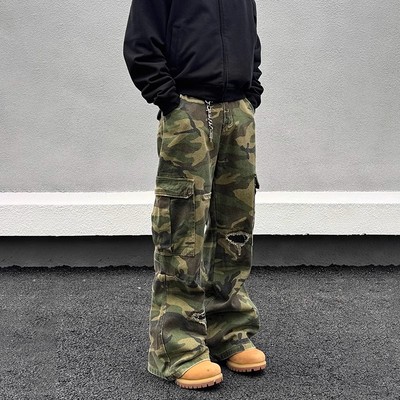 美式复古破洞迷彩工装牛仔裤男