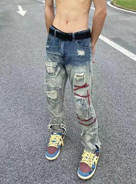 FOG美式街头复古水洗破坏设计感刺绣牛仔裤男INS高街直筒修身长裤