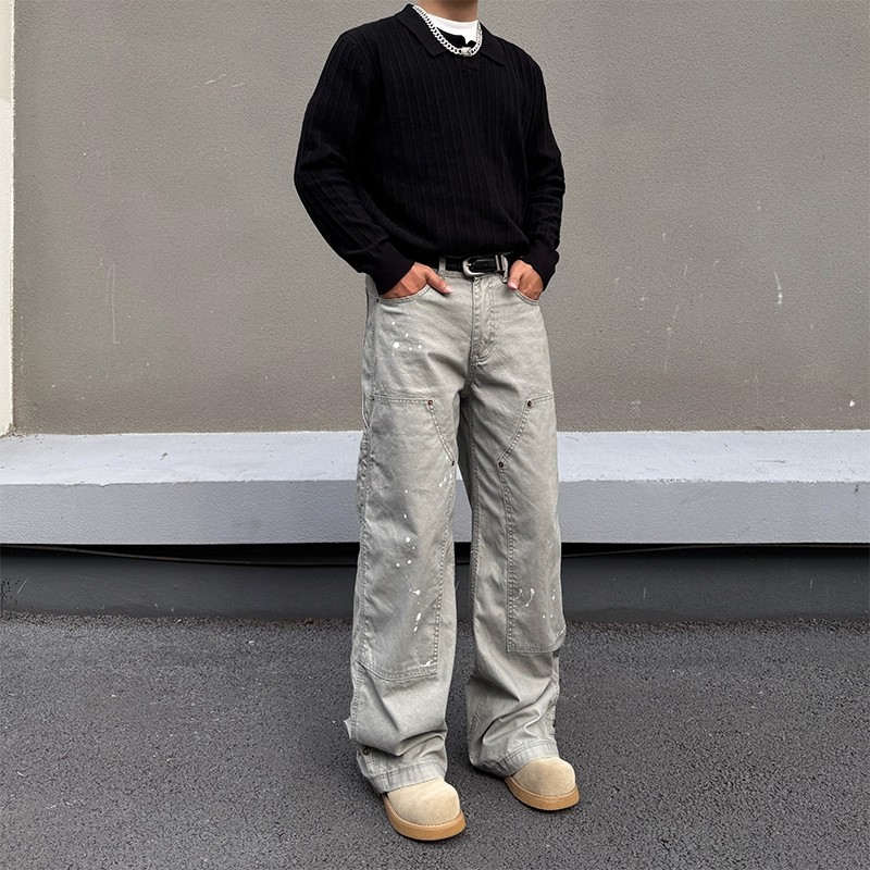 美式复古泼墨双膝贴布牛仔裤