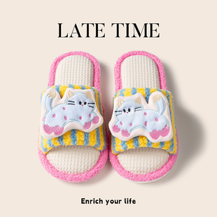 可爱少女心小猫亚麻拖鞋女室内家居防滑吸汗透气四季通用棉麻拖鞋