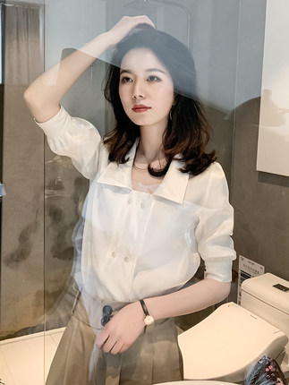 白色雪纺衬衫女夏薄款半袖设计感小众时尚洋气显瘦职业装法式上衣