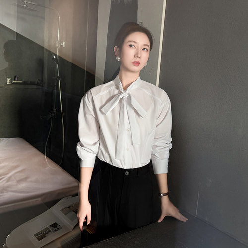 法式轻奢蝴蝶结系带长袖衬衫女
