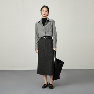 气质灰色衬衫套装女两件套冬季一整套高级感职业毛呢直筒半身裙