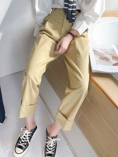 女职业通勤垂坠感九分高腰显瘦直筒宽松休闲工装 浅卡其色西装 裤
