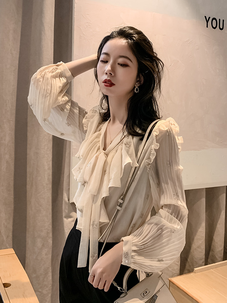 秋气质上衣设计感荷叶边小众长袖泡泡袖名媛很仙的雪纺衬衫女超仙