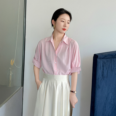 半袖条纹衬衫女宽松洋气减龄