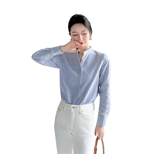 2026早春新款立领条纹衬衫女高端轻商务休闲圆领不易皱全棉上衣