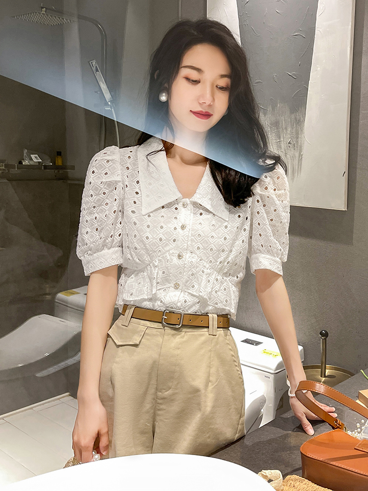 白色镂空蕾丝上衣女夏短袖泡泡袖法式设计感小众收腰气质雪纺衫