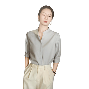 气质立领灰色衬衫2026新款女高级感轻奢通勤职业商务半袖正肩衬衣