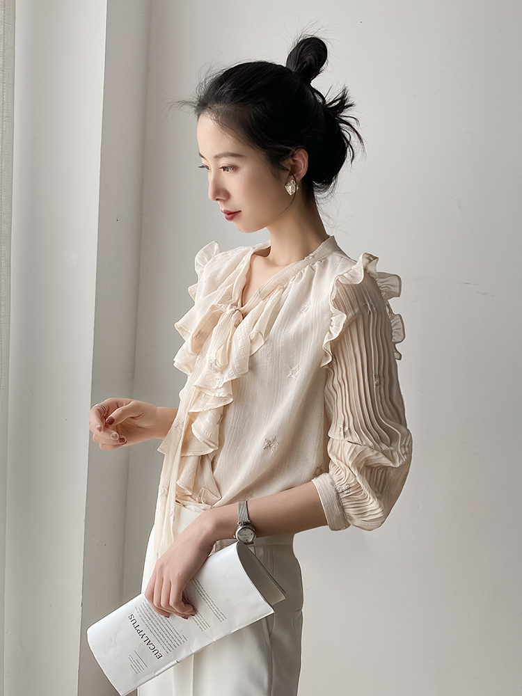 高级感雪纺衬衫荷叶边刺绣