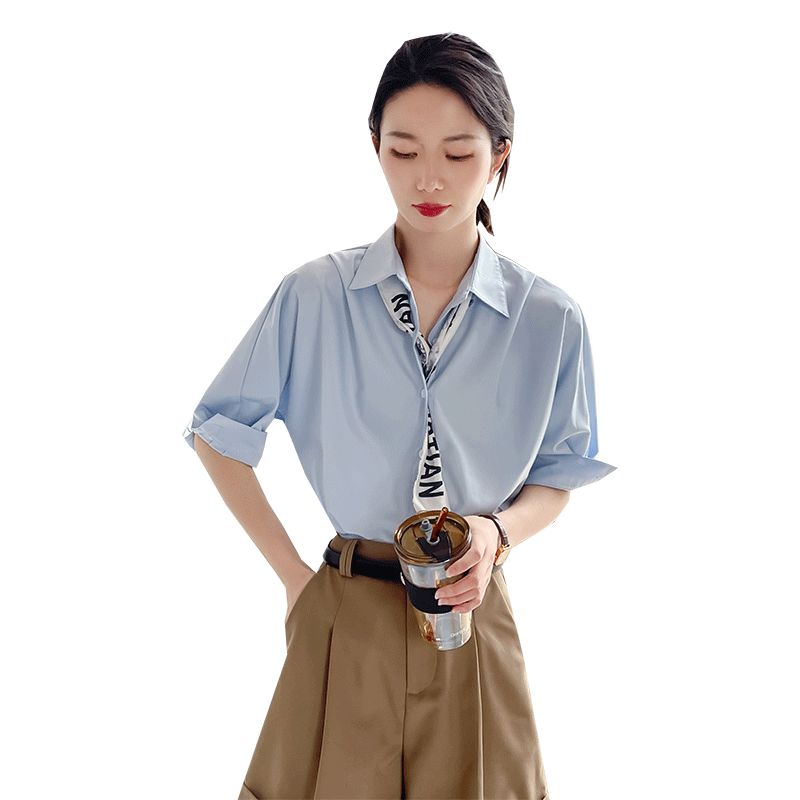 蓝色衬衫女短袖高级感职业装气质抗皱工装休闲宽松通勤半袖衬衣夏