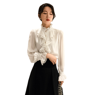 荷叶边衬衫女法式加绒高级感宫廷风雪纺立领花边长袖木耳边上衣冬